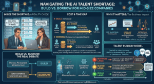 An infographic titled 'Navigating the AI Talent Shortage: Build vs. Borrow for Mid-Size Companies,' comparing in-house hiring and outsourced teams, with charts on cost and time gaps, the business impact, and a 'Talent Runway Model' decision framework.