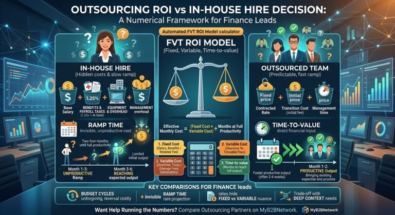 Illustration comparing outsourcing ROI vs in-house hire, showing two paths converging on a shared cost-per-productive-month scale.