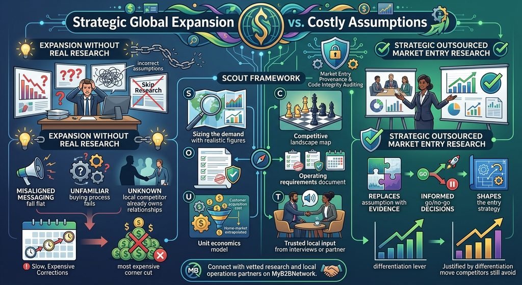 Infographic comparing risky global expansion based on assumptions with successful market entry research using the SCOUT framework and a vetted partner.