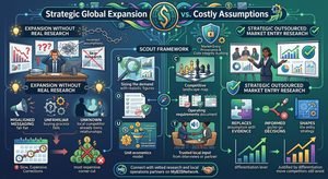 Infographic comparing risky global expansion based on assumptions with successful market entry research using the SCOUT framework and a vetted partner.