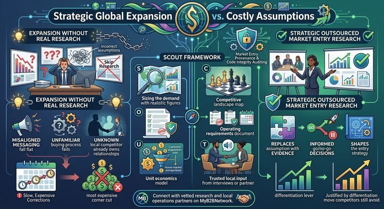 Infographic comparing risky global expansion based on assumptions with successful market entry research using the SCOUT framework and a vetted partner.