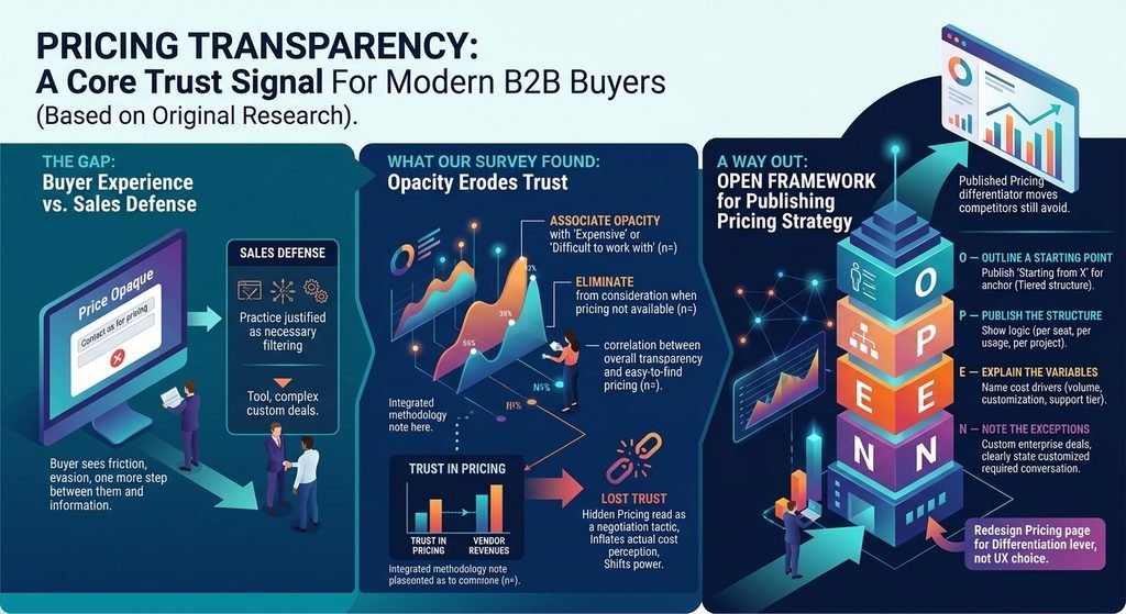 B2B pricing transparency research shows hidden pricing quietly damages buyer trust, even among buyers who expect enterprise deals to vary.