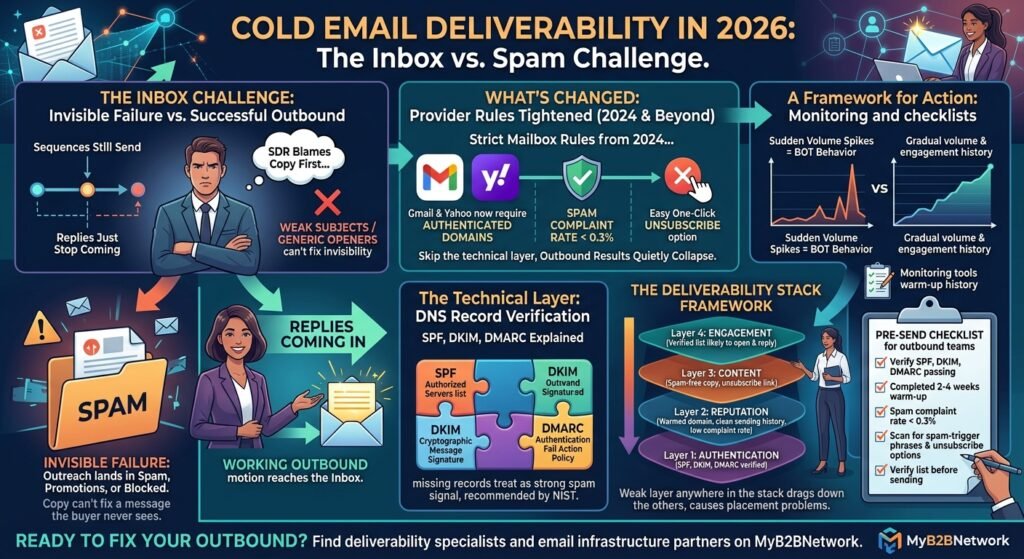 Illustration representing cold email deliverability in 2026, showing an envelope passing through a checklist gate labeled with authentication and reputation checks before reaching an inbox.