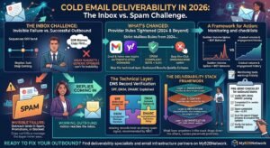 Illustration representing cold email deliverability in 2026, showing an envelope passing through a checklist gate labeled with authentication and reputation checks before reaching an inbox.