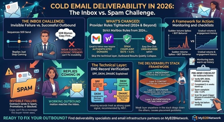 Illustration representing cold email deliverability in 2026, showing an envelope passing through a checklist gate labeled with authentication and reputation checks before reaching an inbox.