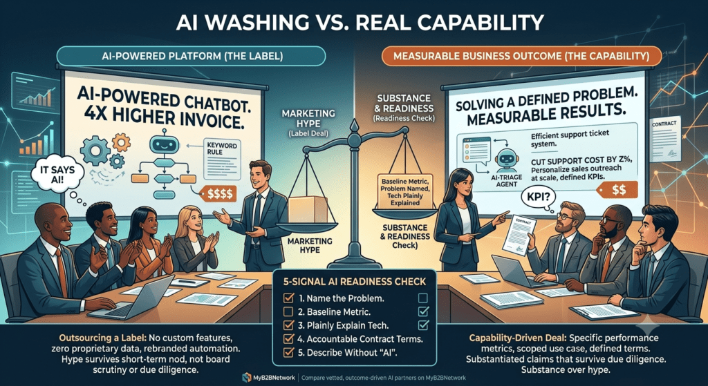 An infographic comparing 'AI Washing' vs. 'Real Capability' in business, featuring a scale balancing marketing hype against substance, and a 5-signal readiness check for AI adoption.