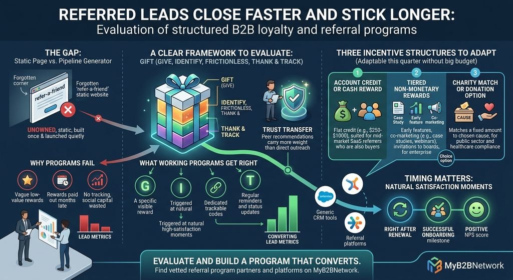 A comprehensive infographic titled "REFERRED LEADS CLOSE FASTER AND STICK LONGER," detailing a structured evaluation and framework for building B2B referral programs that convert. It highlights the gap between static pages and pipeline generators, outlines why programs fail (e.g., vague rewards), defines the "GIFT" framework (Give, Identify, Frictionless, Thank & Track), showcases three adaptable incentive structures (Account Credit, Tiered Non-Monetary, and Charity Match), and visualizes the importance of timing by triggering asks at natural satisfaction moments. The central theme emphasizes trust transfer through peer recommendations, contrasting against cold outreach.