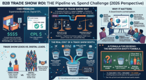 Illustration representing trade show ROI in 2026, showing a small booth balanced against a rising stack of coins to signal breakeven pipeline value.
