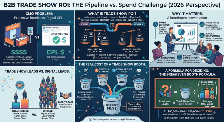 Illustration representing trade show ROI in 2026, showing a small booth balanced against a rising stack of coins to signal breakeven pipeline value.