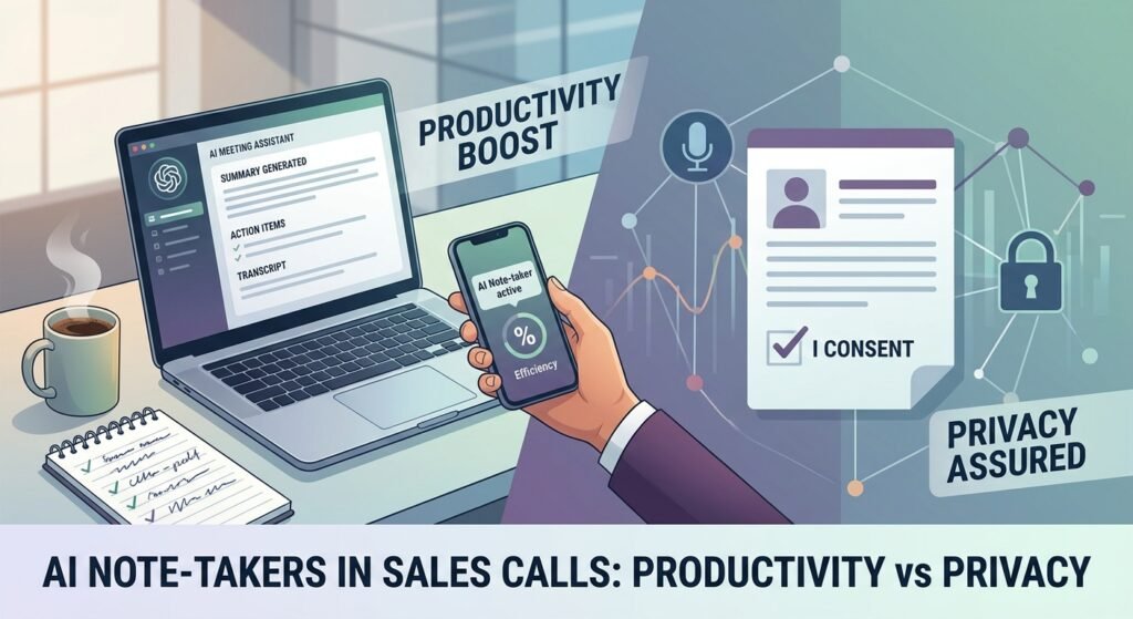 A split vector illustration contrasting productivity and privacy for AI note-takers in sales calls, featuring a laptop displaying automated meeting transcripts beside a signed consent document with a lock icon.