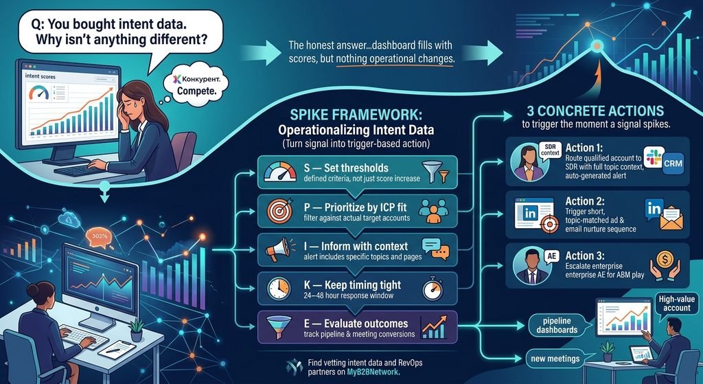 A flow diagram illustrating how to operationalize B2B intent data using the SPIKE framework (Set thresholds, Prioritize, Inform, Keep timing, Evaluate) to trigger three specific sales and marketing actions instead of leaving signals unused on a dashboard.