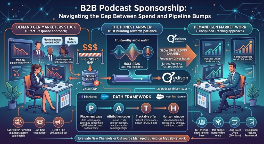 An infographic comparing B2B podcast sponsorship approaches: one shows a stressed marketer getting stuck with a direct-response strategy and unknown sources; the other shows a relaxed marketer succeeding with a disciplined tracking approach and the PATH framework to tag leads.
