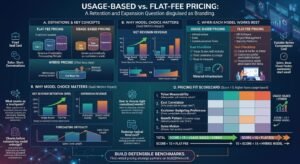 Illustration comparing usage-based vs flat-fee pricing for B2B SaaS, showing two scales weighing predictable revenue against scalable growth.