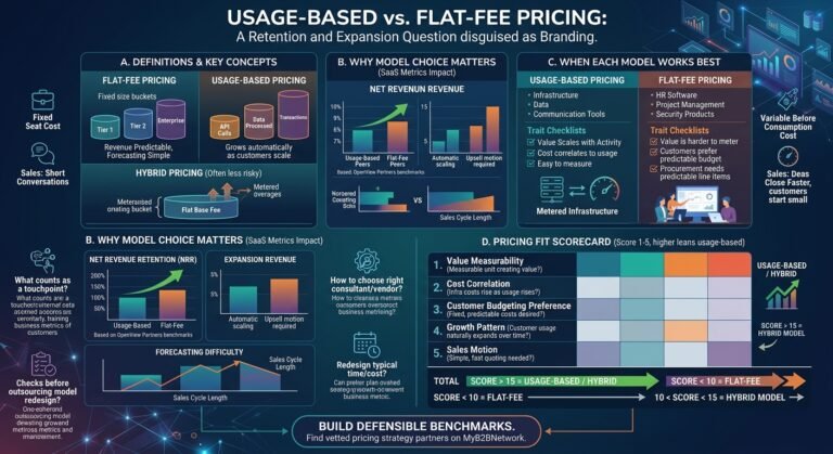 Illustration comparing usage-based vs flat-fee pricing for B2B SaaS, showing two scales weighing predictable revenue against scalable growth.