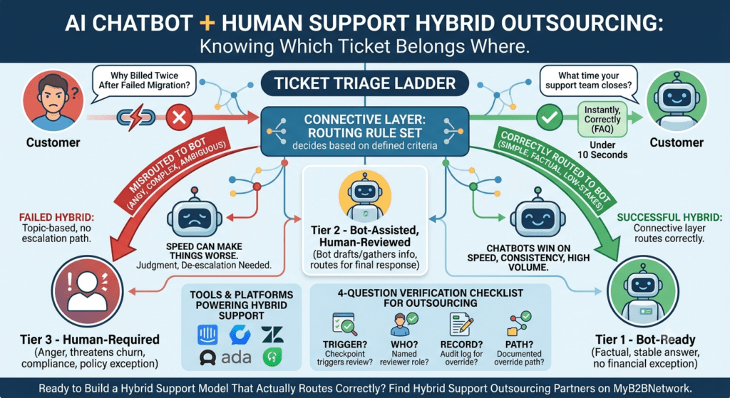 An infographic illustrating an AI chatbot human support hybrid outsourcing model, detailing how to route customer tickets between bot and human channels based on complexity and stakes. The image contrasts a misrouted, complex ticket where speed makes things worse with a successfully routed simple ticket, and includes a three-tier 'Ticket Triage Ladder', a section on tools, and a decision framework for outsourcing partners. Clean corporate design with professional colors.
