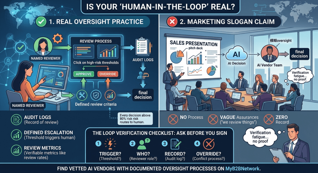 An infographic contrasting a real 'human-in-the-loop' oversight practice featuring audit logs and defined escalation thresholds against vague marketing slogan claims.