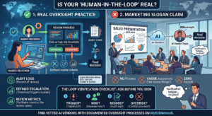 An infographic contrasting a real 'human-in-the-loop' oversight practice featuring audit logs and defined escalation thresholds against vague marketing slogan claims.