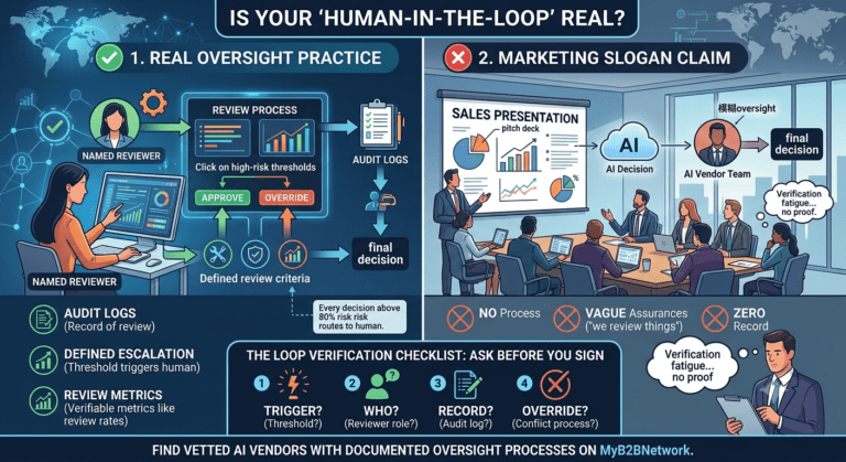 An infographic contrasting a real 'human-in-the-loop' oversight practice featuring audit logs and defined escalation thresholds against vague marketing slogan claims.