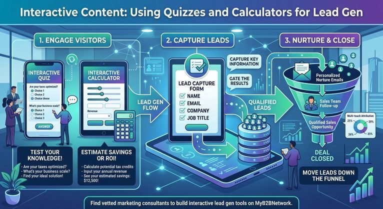 An infographic titled "Interactive Content: Using Quizzes and Calculators for Lead Gen," illustrating a three-step lead generation workflow: engaging visitors via quizzes and ROI calculators, capturing qualified leads through gated forms, and nurturing prospects down the sales funnel to close deals.