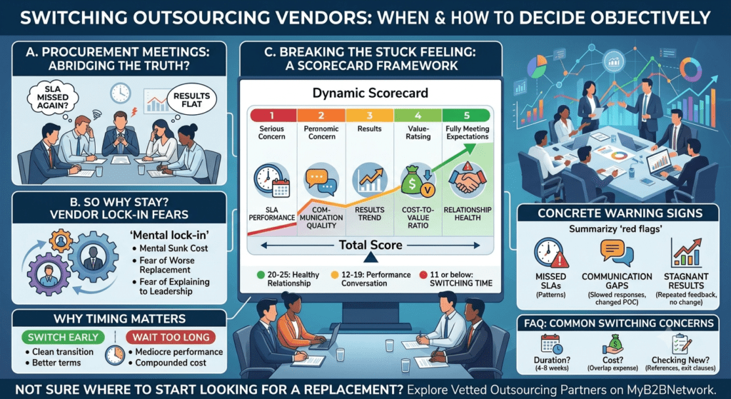 An infographic titled 'Switching Outsourcing Vendors,' featuring a dynamic vendor scorecard framework, concrete warning signs, and reasons to transition away from underperforming partners.