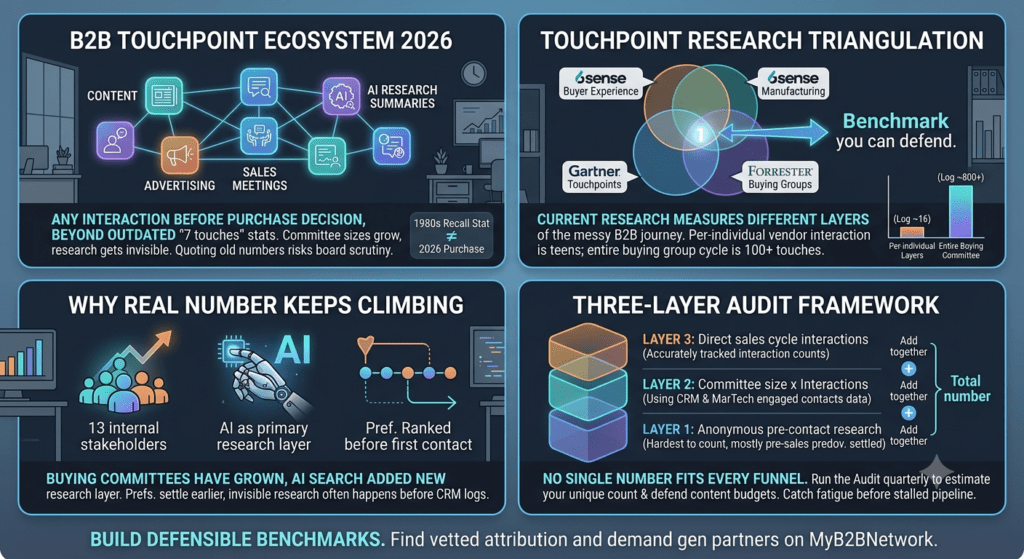 An infographic titled 'B2B Buyer Touchpoint Ecosystem 2026' presenting a four-panel modern illustrated guide to calculating and understanding modern B2B buyer touchpoints based on triangulated research data. Panels include: a B2B touchpoint ecosystem diagram, research triangulation of source metrics, factors driving increased touchpoint counts like AI, and a three-layer audit framework for estimating a unique touchpoint count. The overall style is clean, modern, with glowing data accents in blue, teal, orange, and purple against a professional background. Small corporate logos and icons are integrated, and a final banner encourages building defensible benchmarks on MyB2BNetwork.