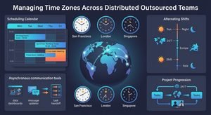 An infographic demonstrating time zone management for distributed teams, featuring a central globe connecting global tech hubs, overlapping shift schedules, world clocks, and asynchronous communication workflows.