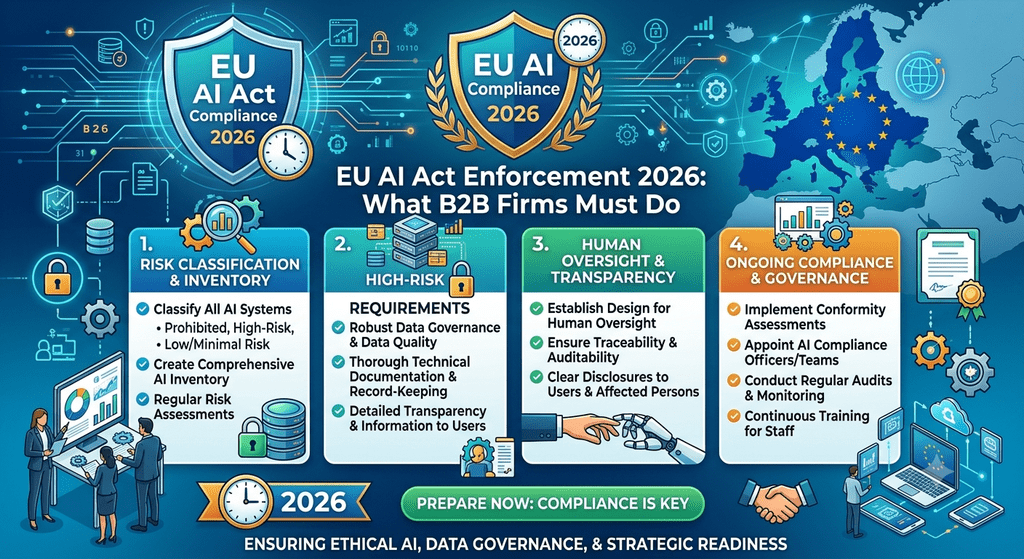 Timeline chart showing EU AI Act enforcement 2026 deadlines and risk tiers for B2B companies