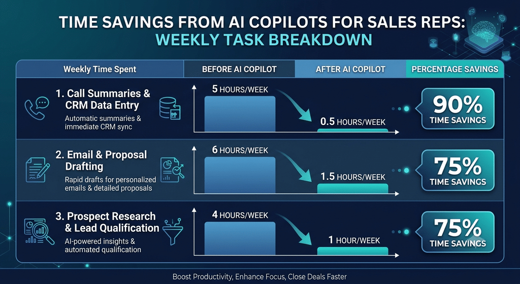 Table comparing time savings from AI copilots for sales reps across call summaries, drafting, and research