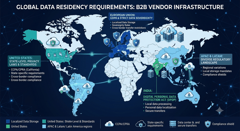 Map illustrating data residency requirements affecting B2B vendor infrastructure by region