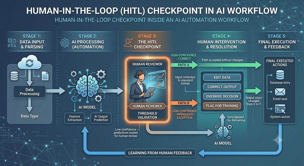 Diagram showing a human-in-the-loop checkpoint inside an AI automation workflow
