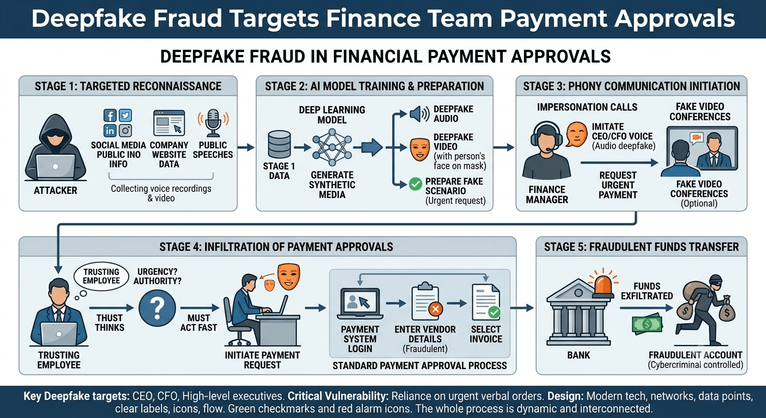 Diagram showing how deepfake fraud targets finance team payment approvals