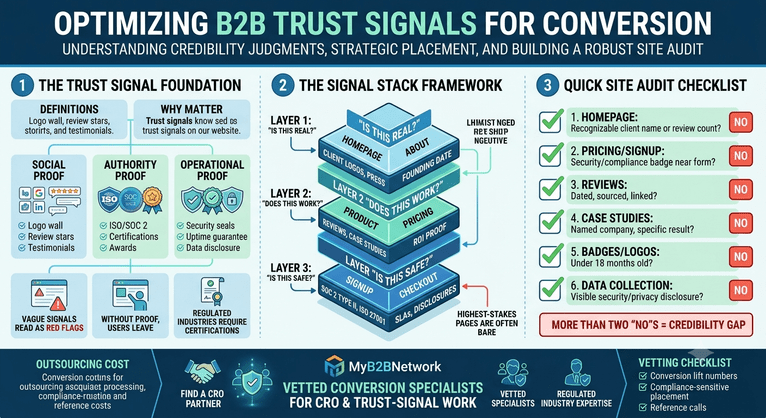 This infographic breaks down B2B trust signals into a clear framework. It categorizes them into Social, Authority, and Operational proof in Section 1, and illustrates how to layer them throughout the buyer's journey on your website