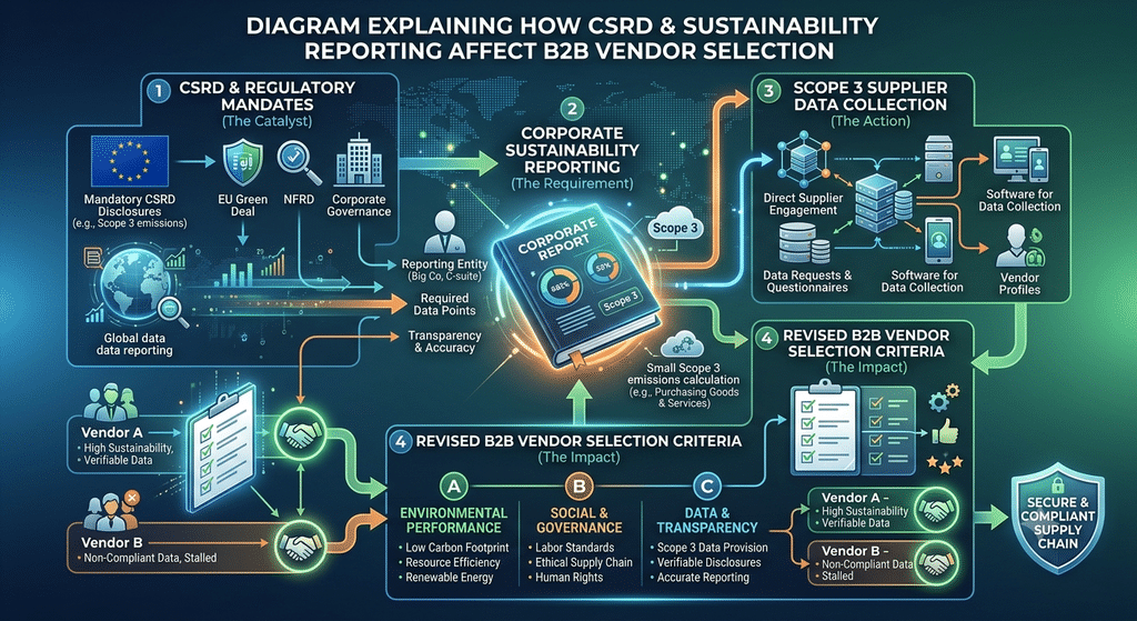 Diagram explaining how CSRD and sustainability reporting requirements affect B2B vendor selection