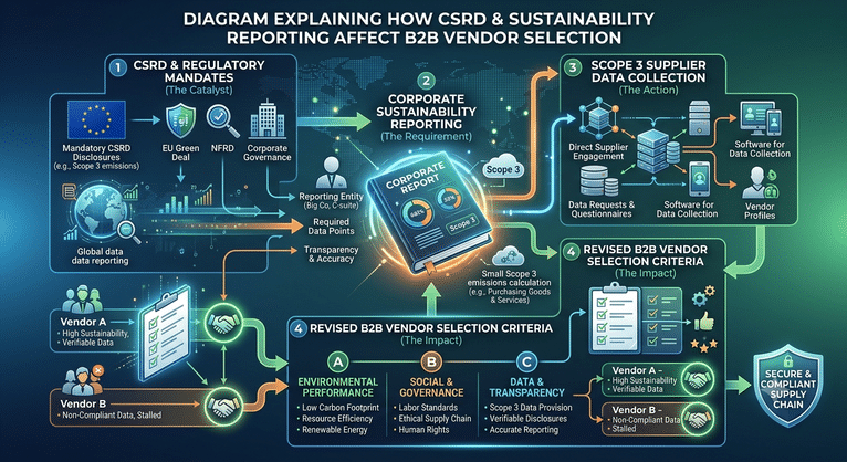 Diagram explaining how CSRD and sustainability reporting requirements affect B2B vendor selection