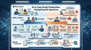 An infographic navigating the spectrum of **AI-generated case studies**, contrasting human-led verification with AI fabrication risks while detailing the CASE framework for maintaining B2B buyer trust.