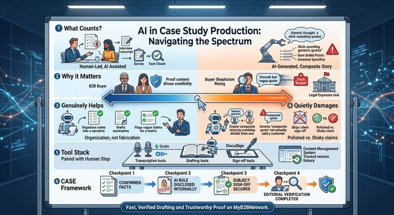An infographic navigating the spectrum of **AI-generated case studies**, contrasting human-led verification with AI fabrication risks while detailing the CASE framework for maintaining B2B buyer trust.