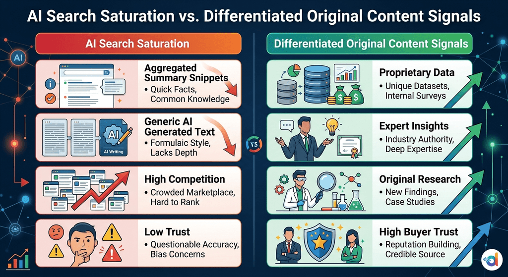Comparison table showing AI search saturation versus differentiated original content signals