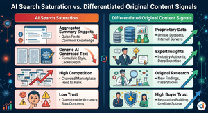 Comparison table showing AI search saturation versus differentiated original content signals