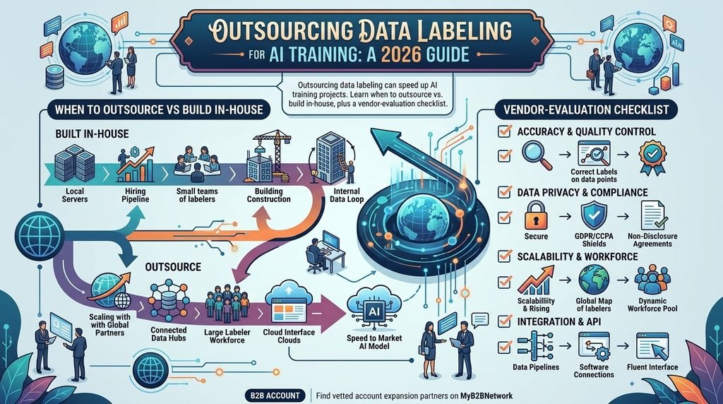 An infographic guiding B2B teams through outsourcing data labeling for AI training, contrasting in-house vs. outsourced workflows alongside a vendor-evaluation checklist covering quality, compliance, and scalability.