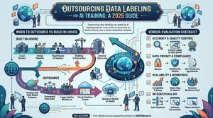 An infographic guiding B2B teams through outsourcing data labeling for AI training, contrasting in-house vs. outsourced workflows alongside a vendor-evaluation checklist covering quality, compliance, and scalability.