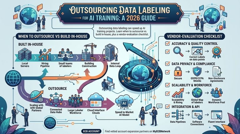 An infographic guiding B2B teams through outsourcing data labeling for AI training, contrasting in-house vs. outsourced workflows alongside a vendor-evaluation checklist covering quality, compliance, and scalability.