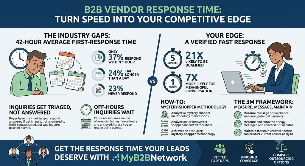 An infographic comparing slow B2B industry vendor response times (averaging 42 hours) against fast response advantages, featuring the Mystery-Shopper methodology, the 3M Framework, and MyB2BNetwork branding.