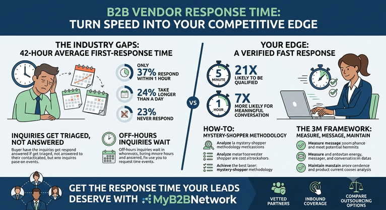 An infographic comparing slow B2B industry vendor response times (averaging 42 hours) against fast response advantages, featuring the Mystery-Shopper methodology, the 3M Framework, and MyB2BNetwork branding.