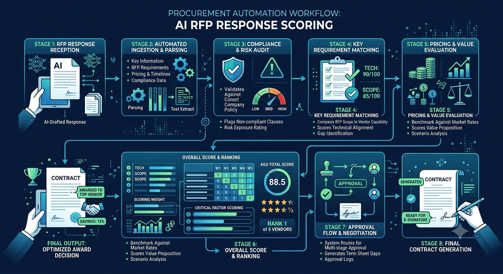 Procurement automation workflow scoring an AI-drafted RFP response