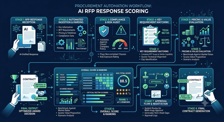 Procurement automation workflow scoring an AI-drafted RFP response