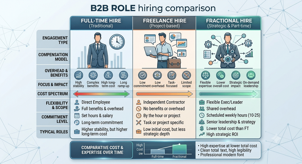 Diagram comparing fractional hiring to full-time and freelance hiring models for B2B roles