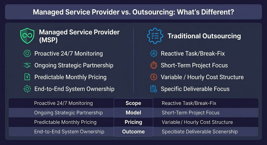 An infographic comparing Managed Service Providers (MSPs) versus traditional outsourcing across scope, model, pricing, and outcome.