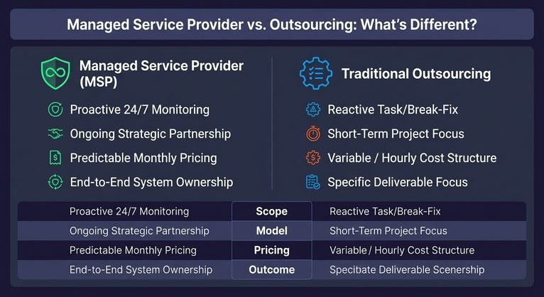 An infographic comparing Managed Service Providers (MSPs) versus traditional outsourcing across scope, model, pricing, and outcome.