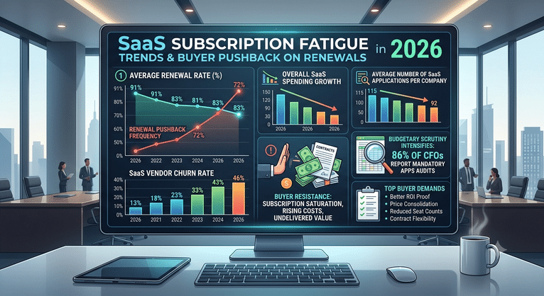 Chart illustrating SaaS subscription fatigue trends and buyer pushback on renewals in 2026
