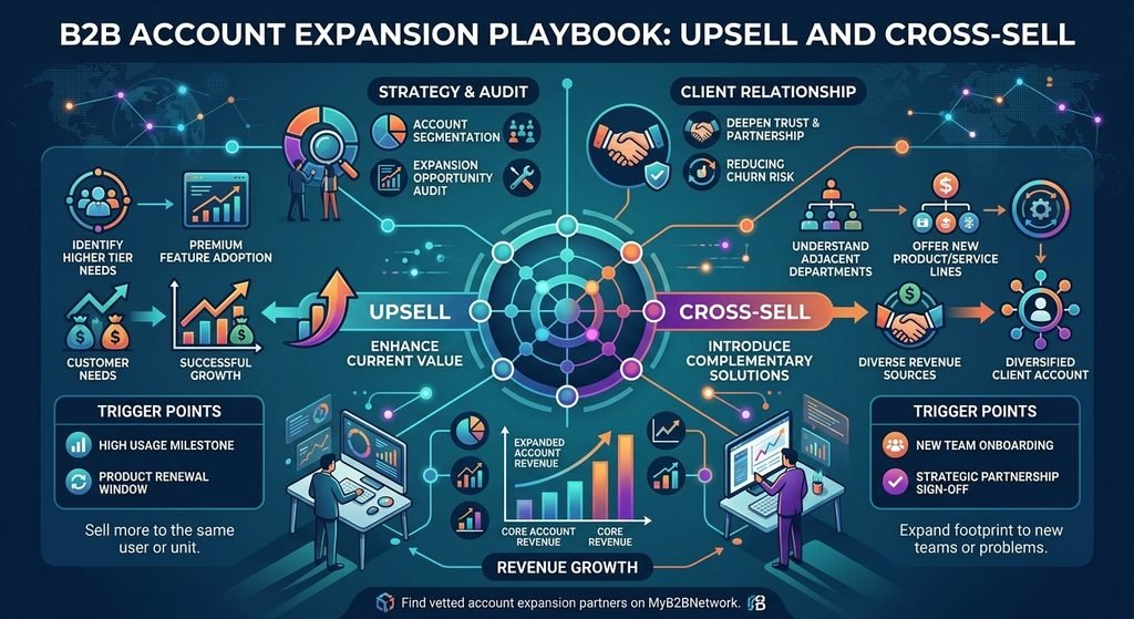 An infographic outlining a B2B account expansion strategy, contrasting upsell and cross-sell motions alongside key trigger points, revenue growth metrics, and time zone management considerations for distributed client success teams.